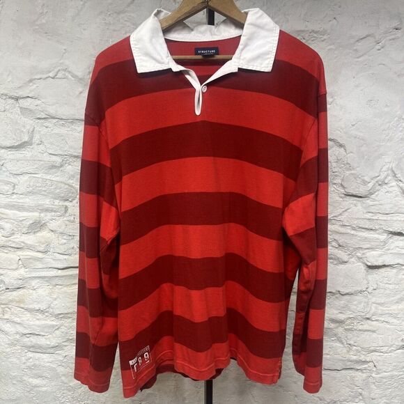 Vintage 90s Structure Rugby Polo Shirt Red Striped Pullover Cotton Made in USA - Picture 1 of 9